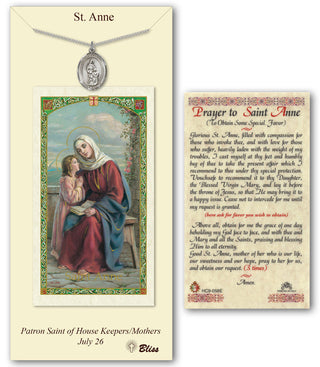 Pewter Saint Anne Medal on an 18 inch Lite Curb Chain with a Prayer to St Anne Prayer Card. Engraved Catholic Saint Jewelry