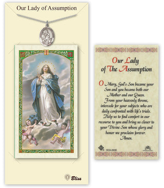 Pewter Our Lady of Assumption Medal on an 18 inch Lite Curb Chain with a Prayer to Our Lady of Assumption Prayer Card. Engraved Catholic Saint Jewelry