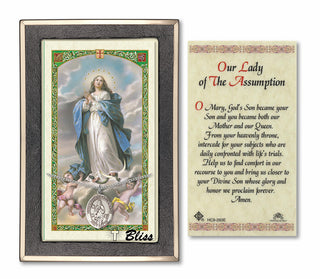 Sterling Silver Our Lady of Assumption Medal on an 18 inch Lite Curb Chain with a Prayer to Our Lady of Assumption Prayer Card. Engraved Catholic Saint Jewelry