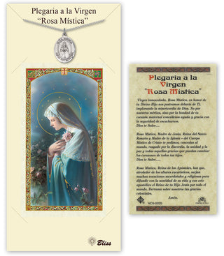 Pewter Our Lady Rosa Mystica Medal on an 18 inch Lite Curb Chain with a Mystical Rose - One Little Rose Prayer Card. Engraved Catholic Saint Jewelry