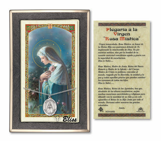 Sterling Silver Our Lady Rosa Mystica Medal | 18-inch Chain | Mystical Rose - One Little Rose Prayer Card Engraved Catholic Saint Jewelry