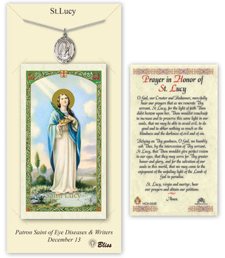 Pewter Saint Lucy Medal on an 18 inch Lite Curb Chain with a Prayer in Honor of St Lucy Prayer Card. Engraved Catholic Saint Jewelry