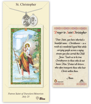 Pewter Saint Christopher/Swimming Medal on an 18 inch Lite Curb Chain with a Prayer to St Cristopher Prayer Card.