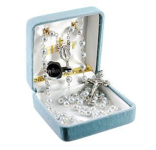 Light Blue Faux Pearl Double Capped New England Pewter Rosary