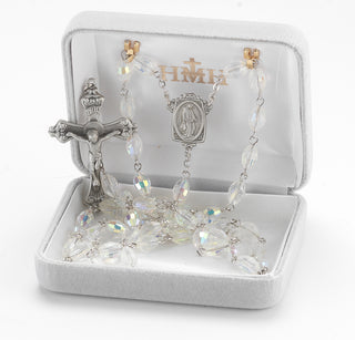 6x9mm Crystal Aurora Faceted Oval Glass Bead Rosary made with Genuine Pewter Crucifix and Centerpiece