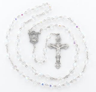 6mm Tin Cut Crystal Aurora Borealis Bead with New England Pewter Crucifix and Center