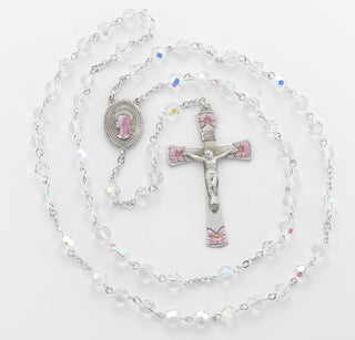 6mm Round Crystal Bead New England Pewter Rosary with Pink Enameled Center & Crucifix