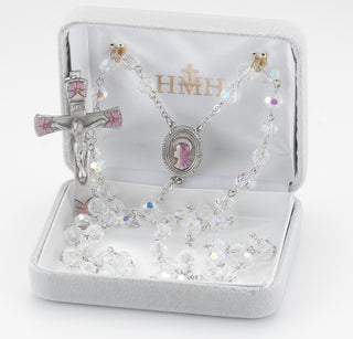 6mm Round Crystal Bead New England Pewter Rosary with Pink Enameled Center & Crucifix
