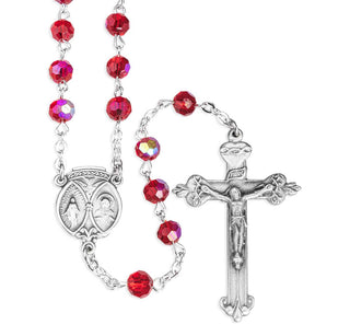 6mm Ruby Glass Faceted Beads with Pewter Crucifix and Center