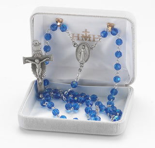 6mm Sapphire Faceted Tin Cut Glass Bead Rosary with Genuine Pewter Sun Burst Crucifix and Miraculous Medal Centerpiece