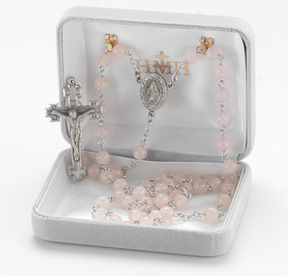 6mm Rose Quartz Gemstone Bead Rosary made with Genuine Pewter Crucifix and Center