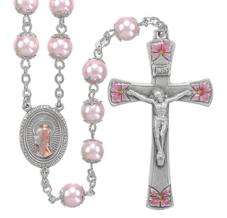 8mm Round Pink Glass Capped Bead with New England Pewter Pink Enameled Center & Crucifix