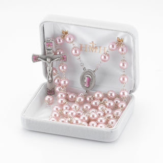 8mm Round Pink Glass Capped Bead with New England Pewter Pink Enameled Center & Crucifix