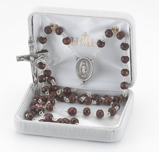 6x9mm Maroon Oval Wood Bead Rosary with Carved O.F. Beads and Pewter Crucifix and Center