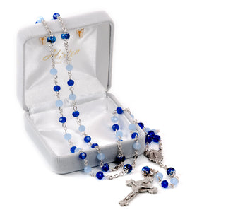 8mm Blue Opal Caribbean Faceted 5mm Glass Bead with New England Pewter Crucifix and Center