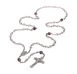 8mm Pink Rose Opal Rose Faceted 5mm Glass Bead with New England Pewter Crucifix and Center
