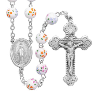 White and Orange Glass Flower Bead New England Pewter Rosary