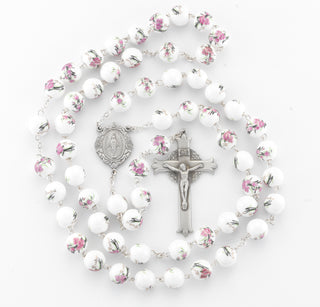 White and Pink Glass Flower Bead New England Pewter Rosary