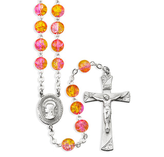 8mm Yellow Crackle Bead Rosary with Pewter Crucifix and Center