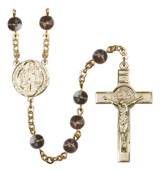 14 Karat Gold 7mm Brown Saint Benedict Rosary