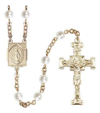 14 Karat Gold-Filled 6mm White, Faux Pearl Miraculous Rosary
