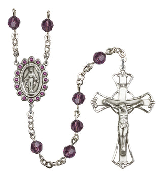 Silver Plated 6mm Austrian Crystal Miraculous Birthstone Rosary in Amethyst