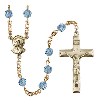 Gold Plated 6mm Austrian Crystal Madonnna Mary Rosary in Aqua