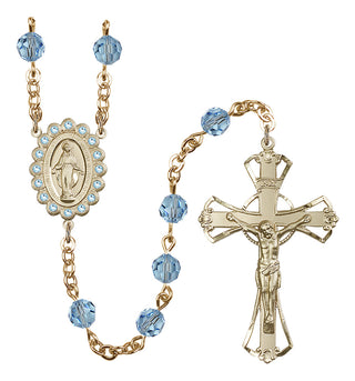 Gold Plated 6mm Austrian Crystal Miraculous Birthstone Rosary in Aqua