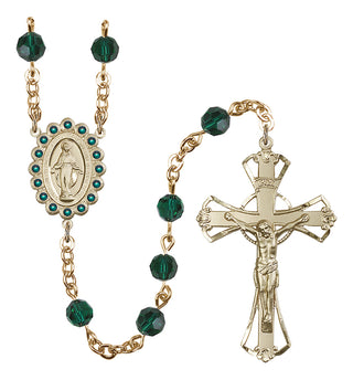 Gold Plated 6mm Austrian Crystal Miraculous Birthstone Rosary in Emerald