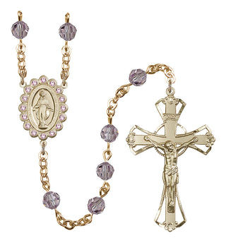Gold Plated 6mm Austrian Crystal Miraculous Birthstone Rosary in Light Amethyst