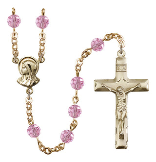 Gold Plated 6mm Austrian Crystal Madonnna Mary Rosary in Light Rose