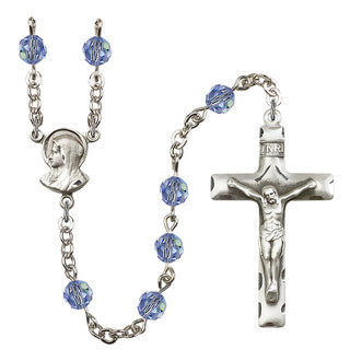 Silver Plated 6mm Austrian Crystal Madonnna Mary Rosary in Light Sapphire