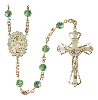 Gold Plated 6mm Austrian Crystal Miraculous Birthstone Rosary in Peridot