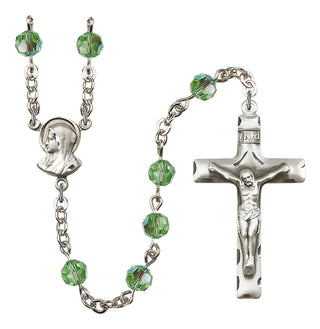 Silver Plated 6mm Austrian Crystal Madonnna Mary Rosary in Peridot