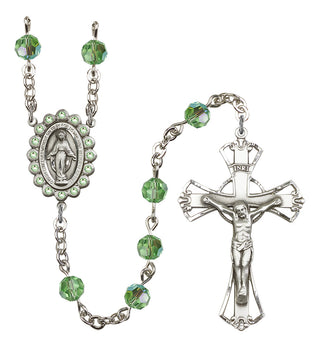 Silver Plated 6mm Austrian Crystal Miraculous Birthstone Rosary in Peridot