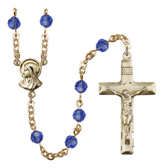 Gold Plated 6mm Austrian Crystal Madonnna Mary Rosary in Sapphire