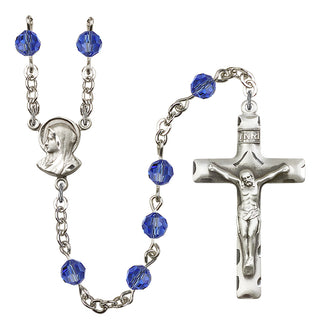 Silver Plated 6mm Austrian Crystal Madonnna Mary Rosary in Sapphire