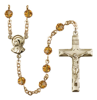 Gold Plated 6mm Austrian Crystal Madonnna Mary Rosary in Topaz