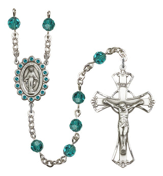 Silver Plated 6mm Austrian Crystal Miraculous Birthstone Rosary in Zircon