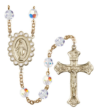 Gold Plated 8mm Austrian Crystal Miraculous Rosary with Aurora Borealis in Crystal