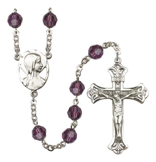Silver Plated 8mm Austrian Crystal Madonna Mary Rosary in Amethyst
