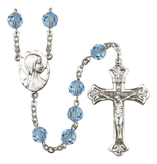 Silver Plated 8mm Austrian Crystal Madonna Mary Rosary in Aqua