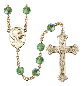Gold Plated 8mm Austrian Crystal Madonna Mary Rosary in Peridot