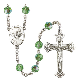 Silver Plated 8mm Austrian Crystal Madonna Mary Rosary in Peridot
