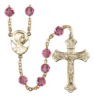 Gold Plated 8mm Austrian Crystal Madonna Mary Rosary in Rose