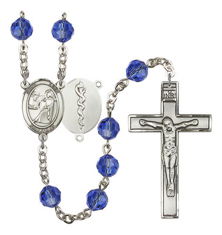 Silver Plated 8mm Austrian Crystal Saint Luke the Apostle / Doctor Rosary in Sapphire