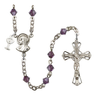 Silver Plated 5mm Austrian Crystal Madonna Mary Rosary in Amethyst