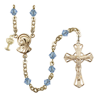 Gold Plated 5mm Austrian Crystal Madonna Mary Rosary in Aqua