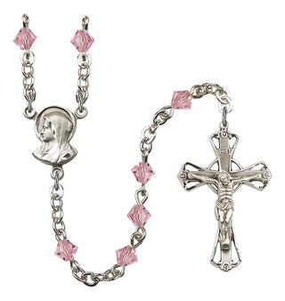 Silver Plated 5mm Austrian Crystal Madonna Mary Rosary in Light Rose
