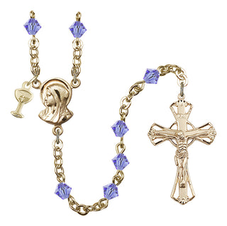 Gold Plated 5mm Austrian Crystal Madonna Mary Rosary in Light Sapphire